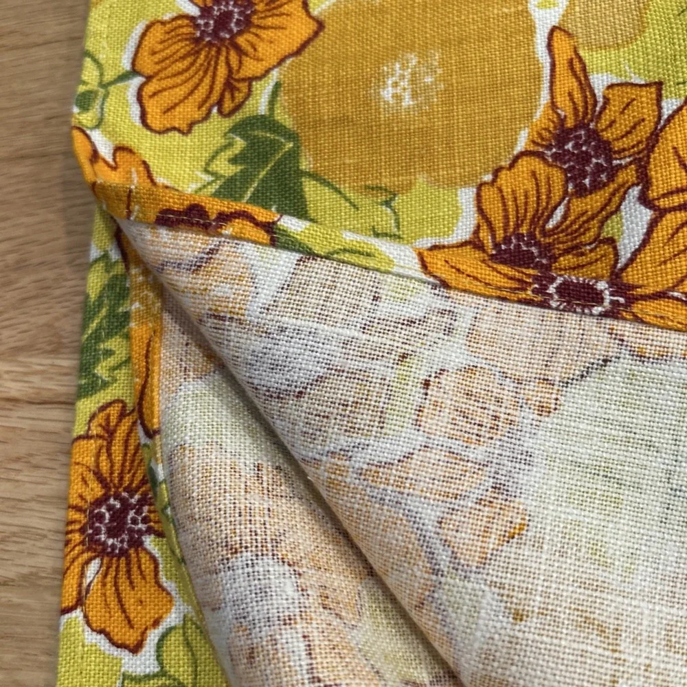 Vintage 70s Floral Linen Tablecloth 53x70 Groovy Yellow Orange Flower Power Mod